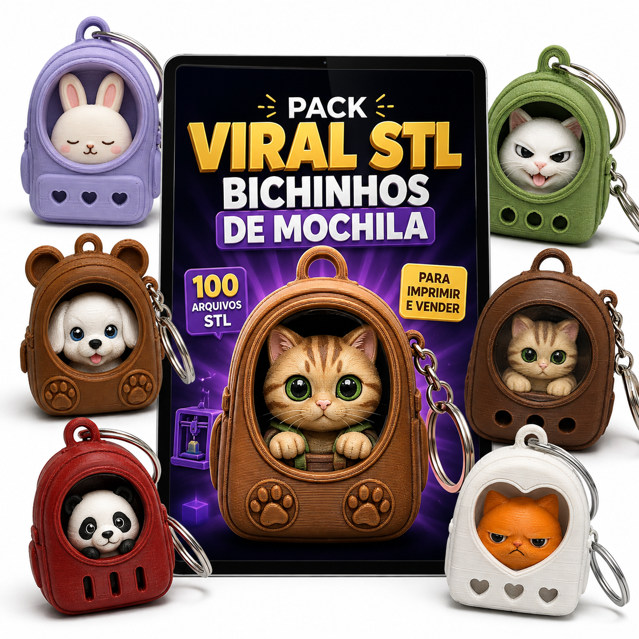 100 Arquivos STL de Bichinhos com Mochila para Impressão 3D